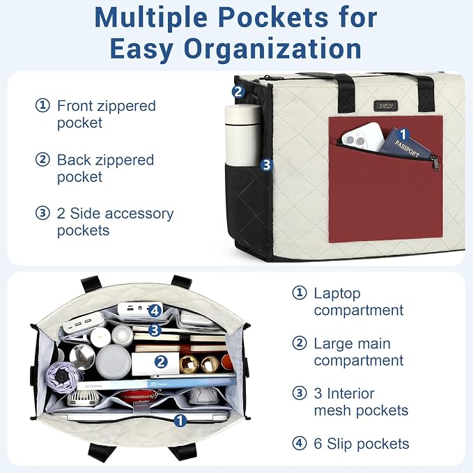 IBFUN Utility Tote Bag with 24 Pockets, Large Teacher Travel Tote for Women | Large Work Tote Bag 2pcs with Zipper for Travel Daily School Teacher Nurse, Large Lightweight Laptop Shoulder Bag Handbag - Image 4