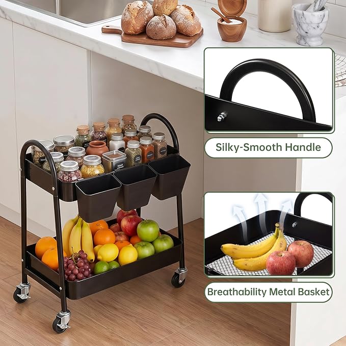 danpinera 2-Tier Rolling Cart, Utility Cart Mobile Metal Rolling Storage Cart with Lockable Wheels & Hanging Cups & Hooks for Kitchen, Bathroom, Office, Workshop, Purple - Image 3