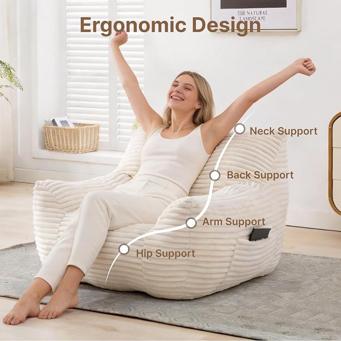 Bean Bag Chair for Adults & Kids, Giant Bean Bag Sofa with Side Pocket, Corduroy Beanbag Chair with Armrests, Comfy Stuffed Floor Sofa for Living Room Bedroom Dorm, White - Image 5