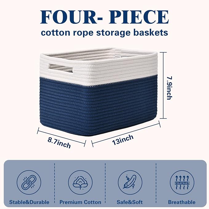Storage Baskets for Organizing, 4 Pack Baskets for Shelves, Decorative Storage Bins for Shelves, Cotton Rope Storage Basket with Handles, Woven Basket for Storage, 13''Lx8.7''Wx7.9''H, White & Blue - Image 3