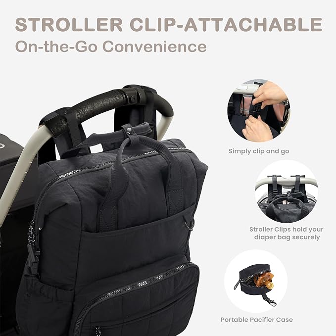VONAL Diaper Bag Backpack, Lightweight Baby Diaper Bags, Travel Large Diaper Bag with Changing Station, Black Diaper Backpack for Boys Girls Newborn with Insulated Pockets, Stroller Straps - Image 7