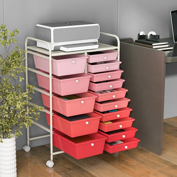 RELAX4LIFE 15-Drawer Storage Drawer Carts - Mobile Rolling Utility Cart w/Wheels, Craft Organizer for Classroom Organization and Storage, School, Office, Home, Storage Organizer Cart (Gradient Pink) - Image 2