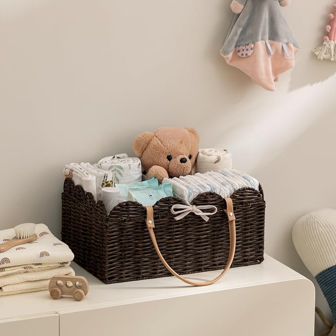 HBlife Baby Diaper Caddy Organizer, Large Portable Scalloped Plastic Wicker Woven Basket with Divider, Nursery Diaper Station, Baby Shower Gifts Basket, Car Organizer, Washable Waterproof - Image 3