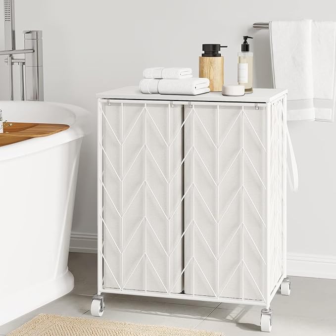 WOWLIVE Double Laundry Hamper with Lid, Rolling Laundry Basket with Wheels | Heavy Duty Wire Clothes Hamper with Divided Removable Bags, Large Iron-Made Laundry Sorter Laundry Room Organization, White - Image 2