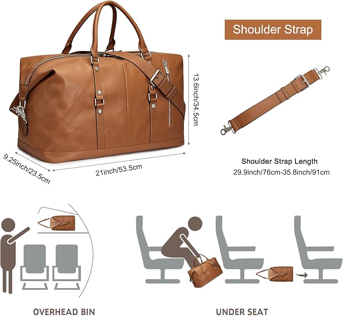 S-ZONE Genuine Leather Women Travel Duffle Weekender Overnight Weekend Carry on Shoulder Tote Bag | Durable Genuine Leather, Carry-on Size,Adjustable Strap,1 Main Compartment and 2 Zipped Pockets - Image 3