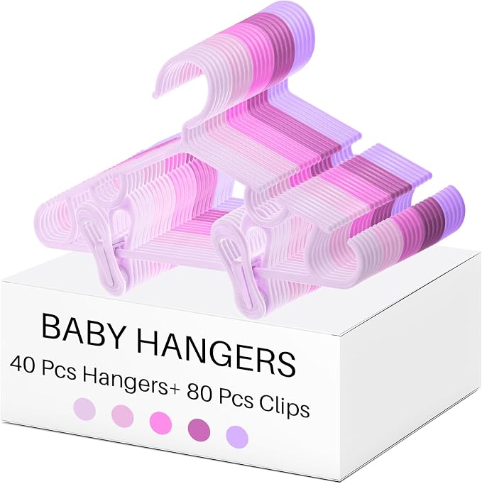 Hsei Baby Hanger with Clip for Pant,120 Packs Total,Pink Series,10.6 Inch | 40 Kids Plastic Hanger with 80 Clips for Newborn, Nursery, Daycare, Preschool, Closet, Wardrobe Organizer for Baby Shower by Hsei