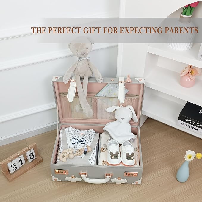 Unitravel Baby Keepsake Case, 18" Handmade Memory Storage Box, Newborn Keepsake Box, Vintage Suitcase for Baby Shower, Baptism, Naming Ceremony or Birthday (grey) - Image 3