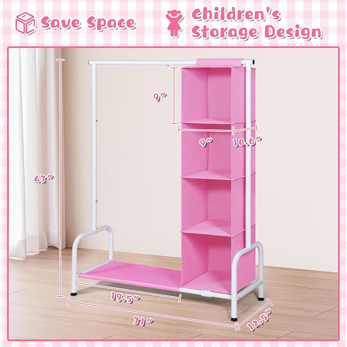 Univivi Kids Clothing Rack with Hanging Organizer, 43 Inch, Pink and White | Toddler Dress Up Storage with Bottom Shelf, Sturdy Metal Baby Closet, Toddler Wardrobe Rack for Nursery, Playroom, Bedroom - Image 3