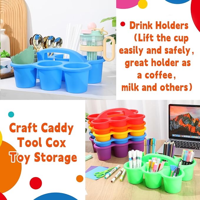 12 Pack Classroom Caddy Organizer with Handle Colorful Plastic Table Caddy Drink Cup Caddies Holder 12×9×3.5 Inch Storage School Supplies 6 Compartments for Table Crayon Pencil Cup Marker Craft - Image 5