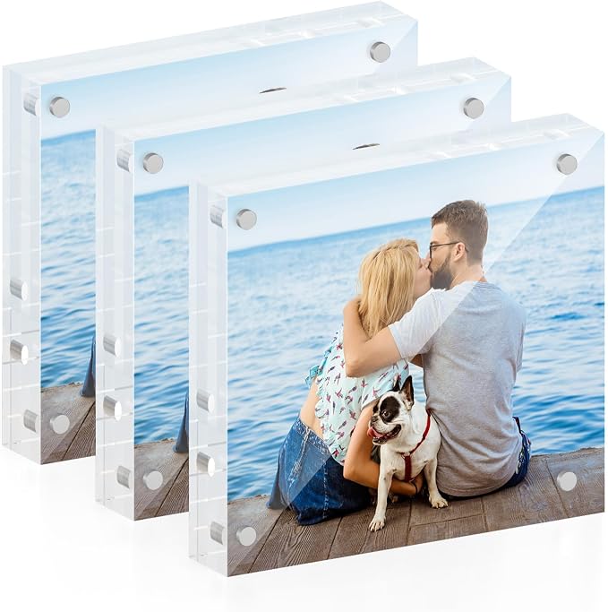 ATZYmolin 3 Pack 4x4 Acrylic Picture Frame, Magnetic Double Sided | 20mm Thick Frameless Clear Transparent Photo Frame, Self Standing for Desktop Tabletop, with Microfiber Cloth by ATZYmolin