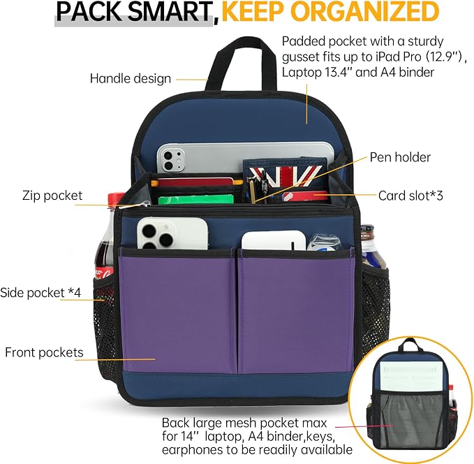 Large Premium Wider Rugged Backpack Organizer Insert for Men Women Work Travel -19 Pockets, Padded Nylon-Mix - Image 5