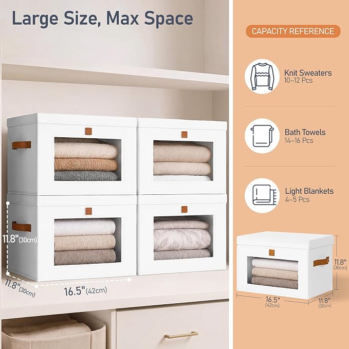 DIMJ Storage Bins with Lids - 5 Pack Front Opening Stackable Fabric Storage Boxes with Clear Window & Handles, Collapsible Closet Organizers for Clothes, Sweaters, Shelf Storage, Bedroom, White - Image 6