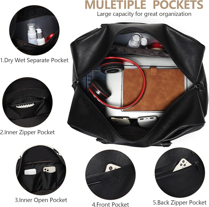4-in-1 Waterproof Faux Leather Overnight Travel Bag for Women Men | Hospital Gym Weekender Bag Carry On Personal Item Travel Duffel Bags with Shoe Compartment Toiletry Bag Fit 21" Laptop - Image 3
