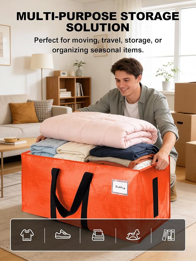 HOMESURE Supports 200lbs Heavy Duty Moving Bags - Strong Zipper & Wrap-Around Handles - Water-Resistant Storage Totes, Durable Alternative to Moving Boxes - 40 Pack - Orange - Image 4