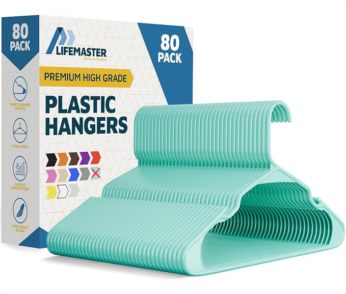 Lifemaster Plastic Clothes Hangers – Heavy Duty Hanger Set, for Organizing Clothes, Dresses, and Coat, Holds Up to 5 lbs, Space-Saving Hangers with Non-Slip Shoulder Grooves, Pack of 80, Aqua by LIFEMASTER