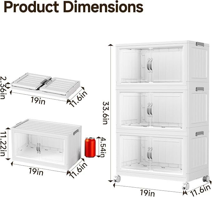 Hanyi 105 QT Stackable Storage Bins with Lids, 3 Tier Collapsible Plastic Storage Cabinet with Magnetic Doors, Removable Top Lid, Locking Wheels, Closet Organizer for Bedroom, Pantry, Office - Image 2