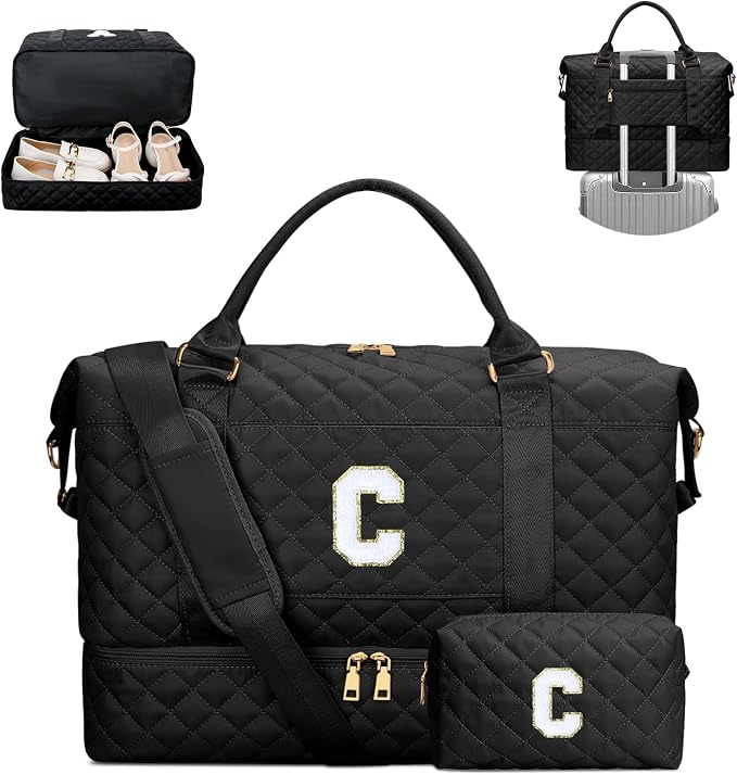 Birthday Gifts Initial Travel Duffle Bag for Women(Black,C) | Travel Gifts for Women-Overnight Bags with Toiletry Bag-Weekender Bags with Shoe Compartment for Travel by Unknown
