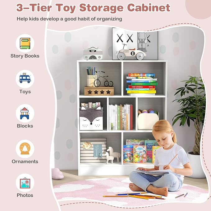 HONEY JOY Kids Toy Storage Organizer, 7-Section Wooden Floor Storage Cabinet, 41” Daycare Toy Chest, 3-Tier Kids Display Bookshelf for Classroom, Playroom & Nursery, Kindergarten (White) - Image 4