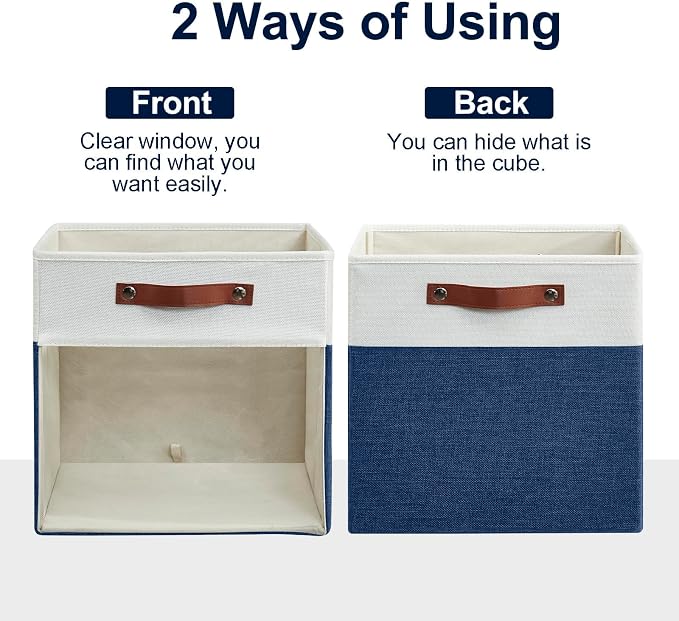 Storage Cubes, 4 Pack Linen Foldable Storage Bins with Clear Window and 2 Handles, 13x15x13 Storage Cube Bins for Shelf Closet, Kallax, Clothes, Books - (Navy Blue / Off-White) - Image 5