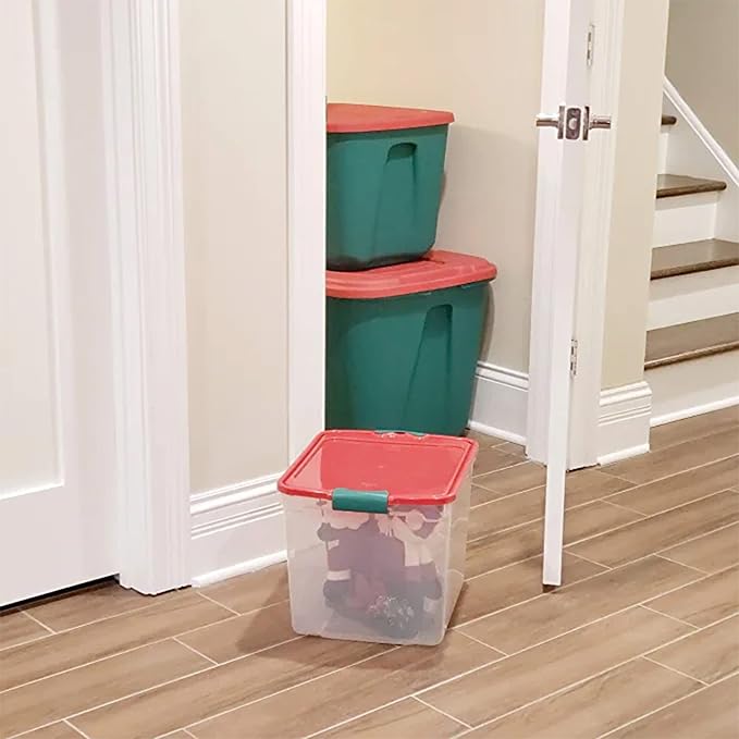 HOMZ Holiday Tote Plastic Storage Bin with Lid, 31 Qt, Clear/Red, 4 Pack | Large Stackable Organization Container for Home, Garage, and Office Organization - Image 8