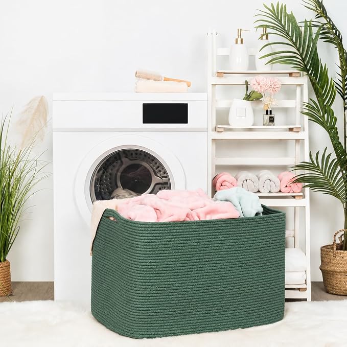 112L Extra Large Blanket Basket Holder Living Room, 25"x17"x16" Rectangle Rope Woven Storage Basket with Handles for Laundry, Towels, Shoes, Dog Toy Organizer Bin Box, Green - Image 4