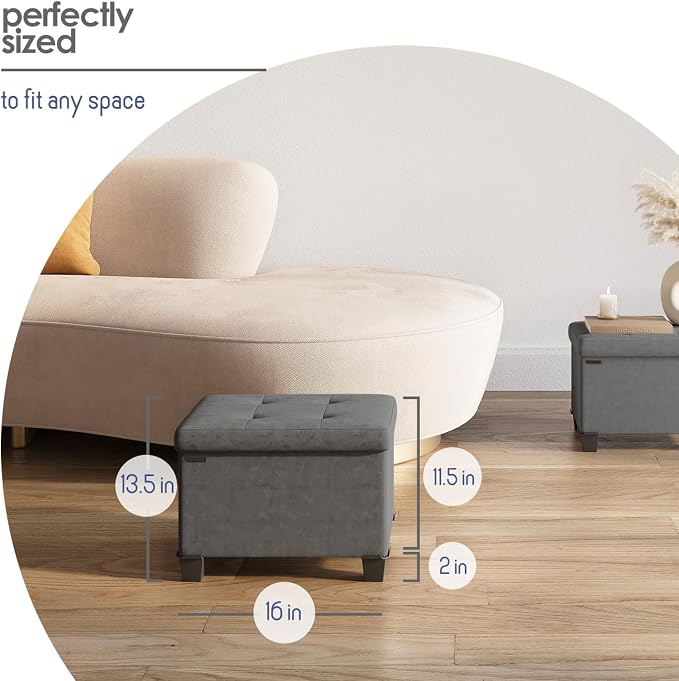 Storage Ottoman Cube with Small Bin, 16-in Square Ottoman with Storage for Living Room and Bedroom, Small Ottomans Foot Rest, Velvet Foot Stools Ottomans Max 330lbs, Grey - Image 9