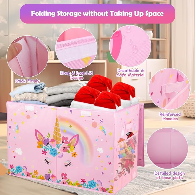 Large Toy Box, Sturdy Kids Storage Organizer for Boys Girls, 25"x13"x16" | Collapsible Storage Box with Lids, Toy Chest Bins Basket for Living Room, Playroom, Nursery, Pink - Image 4
