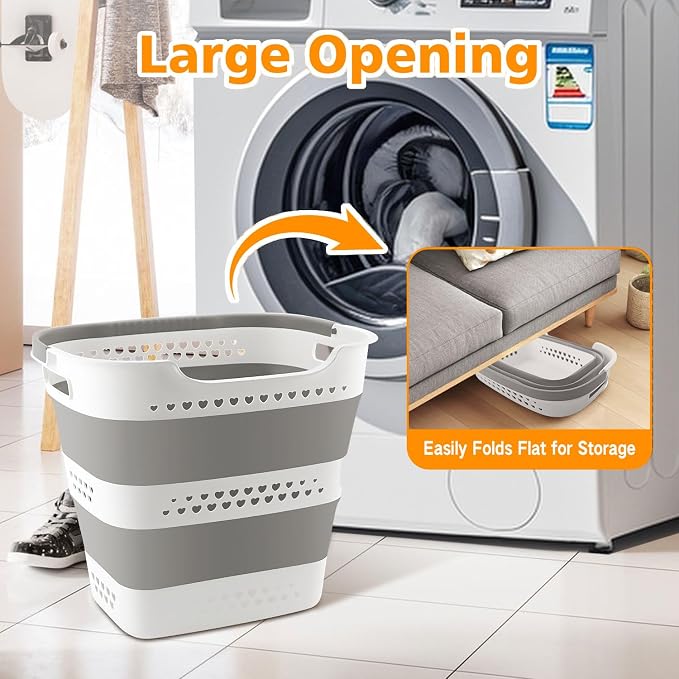 3 Pcs 42L Medium Collapsible Plastic Laundry Basket with Handles, Foldable Laundry Basket Hamper, Pop Up Storage Container Organizer for Washing Storage (Gery, 17 Inch * 13 Inch * 15 Inch) - Image 6