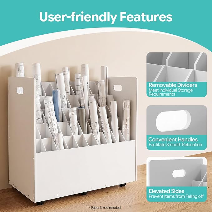 Blue Print Storage Organizer with Wheels, 50 Slots Roll Files Cart, White | Mobile Blueprint Storage Rack Cart, Construction Plan Holder, Map Poster Storage Cabinet for Office Home School - Image 8