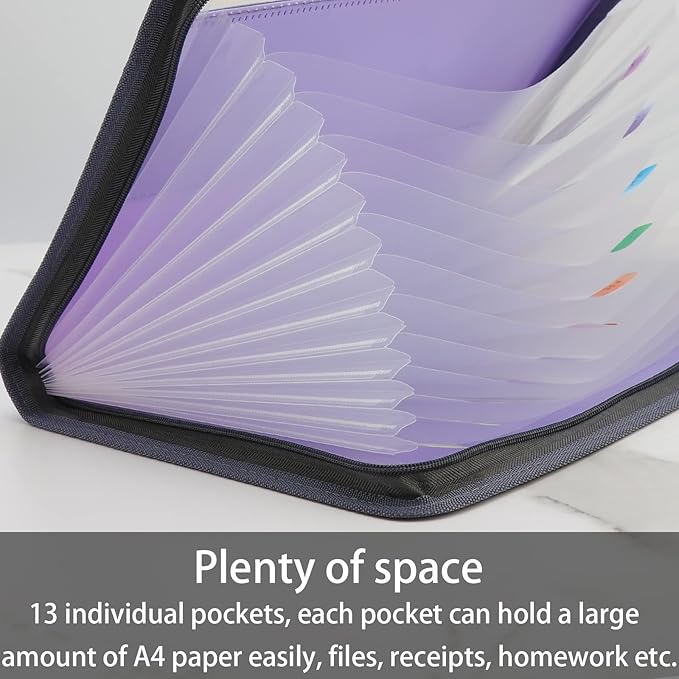 NAFY Accordian File Organizer, 13 Pockets Expanding File Folder with Zipper, A4 Letter Size Portable Accordion Expanding File Folders with Multicolor Labels for Office School Supplies (Black+Purple) - Image 2