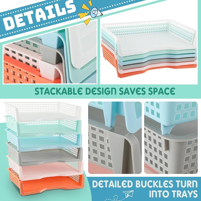 Teenyyou Set of 12 Colorful Turn in Trays Classroom Plastic Stackable Paper Tray Classroom Teachers Desk Organizer Bin for Office Home Teachers Organization and Storage, 9 x 13 x 3 Inches(Boho) - Image 7