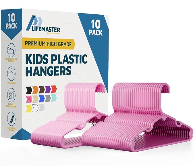 Lifemaster Plastic Kids Clothes Hangers – Children Clothes Hanger with Shoulder Notch, 11.6 Inch Space-Saving Closet Organizer for Baby, Toddler, and Kids Clothing, Hold Up to 5 lbs, Pack of 10, Pink by LIFEMASTER