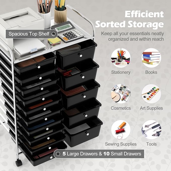 RELAX4LIFE 15-Drawer Rolling Storage Cart - Utility Cart with Metal Frame, Lockable Wheels & Removable Drawers, Multipurpose Art Craft Organizer for Home Office, Classroom (Black) - Image 4