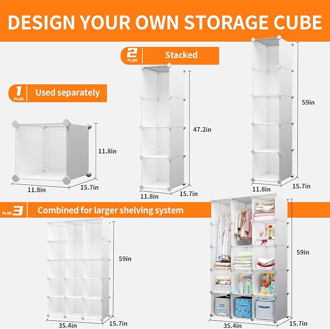 Modular Baby Wardrobe Closet, Portable Children Organizers and Storage for Nursery,15 Cubes with Hanging Rods,Multi-Functional Kids Storage Shelf-Bedroom Clothes Armoire (Boys & Girls) - Image 2