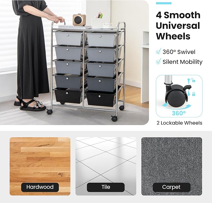Moccha Rolling Storage Cart with 10 Drawers - Under Desk Cabinet on Wheels for Craft Art Supply Paper Salon, Scrapbook Paper Tools, Multipurpose Mobile Utility Cart for Classroom, Gradient Grey - Image 6