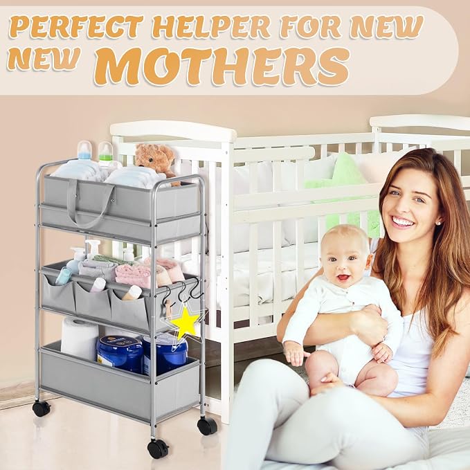 Honeydak 2in1 Baby Diaper Caddy Organizer Cart 3 Tier Large Capacity Metal Utility Bedside Rolling Cart with Divider Newborn Registry Nursery Essential Must Have Crib Bedroom Baby Shower(Gray) - Image 5