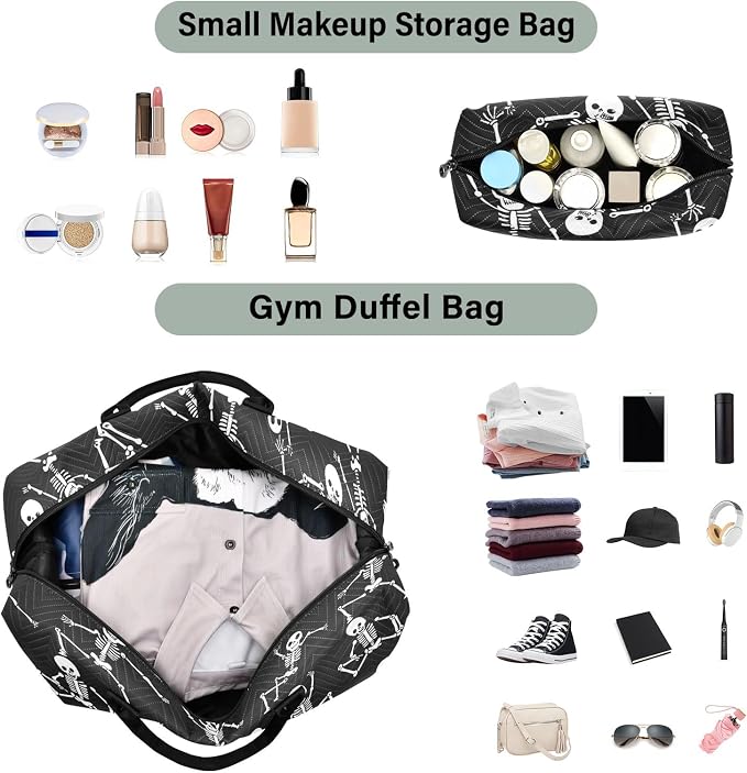Skull Skeleton on Black Large Travel Duffel Bag Sports Tote Gym Bag Overnight Weekender Bags Carry On Luggage with Toiletry Bags - Image 4