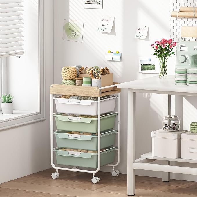 SYKIARIOL Rolling Storage Utility Cart with 4 Drawers,Art Cart,Green | Kids Craft Cart,Makeup Organizer and Storage with Wooden Tabletop - Image 4