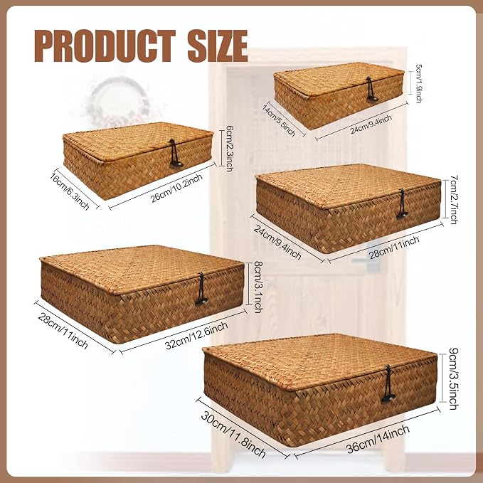 5 Pcs Seagrass Basket with Lid 5 Sizes Decorative Storage Boxes Rattan Wicker Storage Basket with Lids Woven Organizer Baskets Multipurpose Flat Storage Bins for Shelf Closet Bedroom (Brown) - Image 2