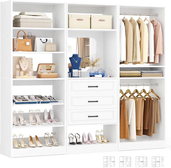 Unikito 75" Modular Closet System with 3 Sets, Mirror & Drawers, White | Hanging Rods & Adjustable Shelves, Freestanding Wood Wardrobe Garment Rack, Walk in Tower Clothes Storage Organizer Unit by Unikito