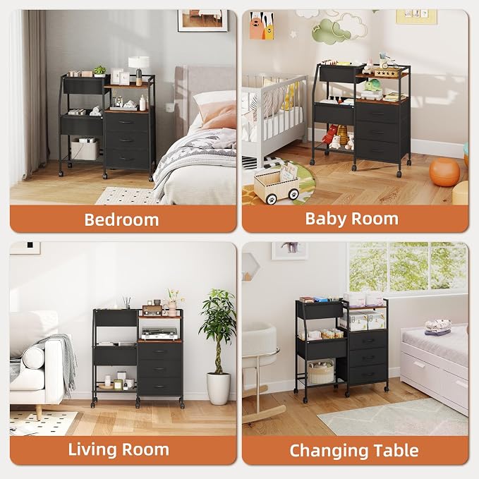 Somdot Baby Diaper Caddy Organizer, 3-Tier Rolling Cart with Drawers | Large-Capacity Metal Nursery Organizer with Removable Dividers, Black Rustic Brown - Image 8