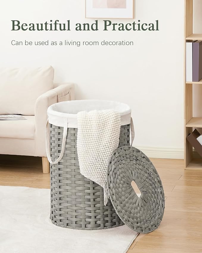 SETVSON Laundry Basket with Lid Round 29.1 Gal (110 L) PE Rattan, Gray | Decorative PE Rattan Furniture Look for Bedroom, Round Laundry Hamper with Lid, Removable Bag, 2 Mesh Bags, Handles - Image 7