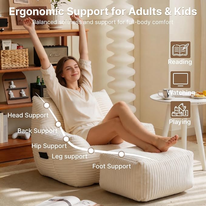 Oversized Bean Bag Chair with Ottoman, Bean Bag Couch with 2 Side Pockets, Corduroy Boneless Couch Chair in a Box, Comfy Lounge Chair for Living Room, Bedroom, Dorm, White - Image 5