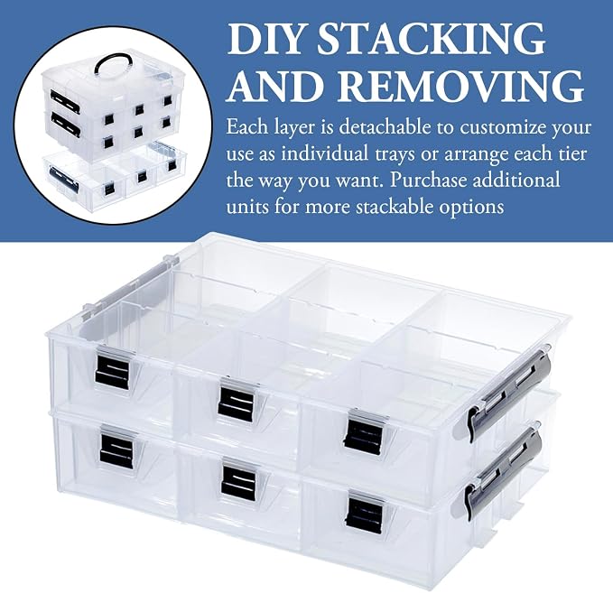 MyGift Single Add-on Tray for 11 Inch Clear Arts and Crafts Stackable Storage Box, Sewing Supplies Storage Organizer Case Accessory Optional Tray with Black Accents, 3 Drawers and Removable Dividers - Image 2