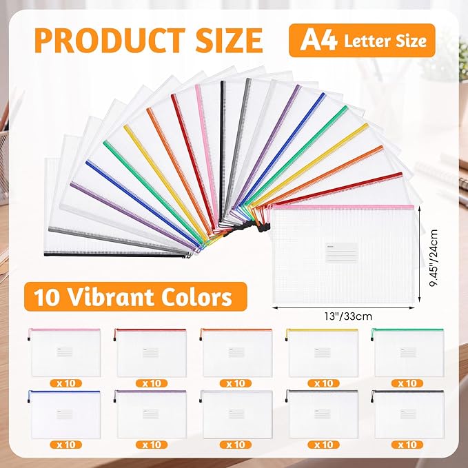 Handepo 100 Pcs A4 Mesh Zipper Pouch Bags with Label Pocket 13 x 9.45 Inch Waterproof Small Zipper File Bags Bulk Color Pencil Document Multipurpose Pouches for Office Travel Puzzles Games Organizing - Image 2