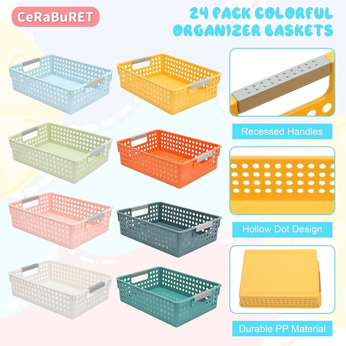 24 Pack Classroom Baskets, Colorful Organizer Baskets, Classroom Storage Bin Book Basket, Pencils Storage Basket Plastic Book Bins for Study Room, Living Room Office Organizer - Image 3