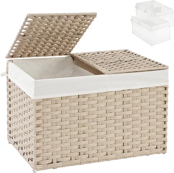 SETVSON Storage Basket with Lid 105L PE Rattan Storage Bin Light Khaki | 2 Removable Liners for Clothes & Blankets, 105L Storage Bin with 2 Separate Lids,Sturdy Metal Frame, PE Rattan by SETVSON