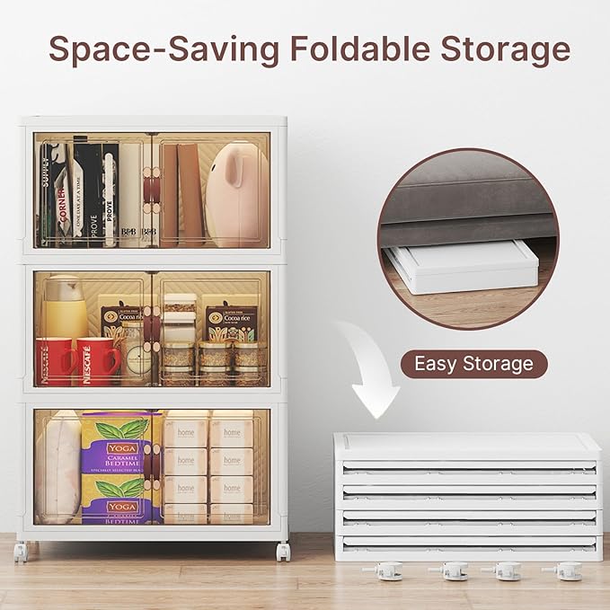 Stackable Storage Bins with Lids, 144QT Lockable Storage Cabinet | Folding Storage Box with Doors and Wheels, Collapsible Plastic Drawers for Home, Garage, Office - Image 3
