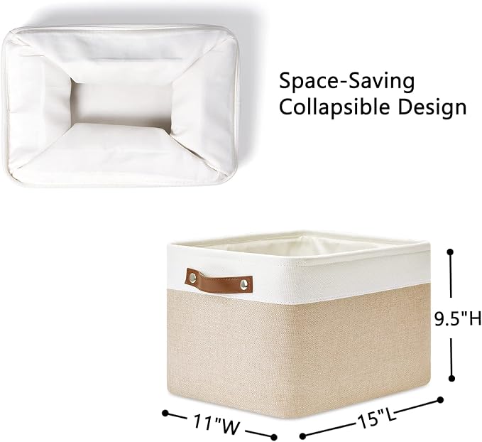 DULLEMELO Fabric Storage Bins for Laundry, Home, Foldable Storage Baskets for Shelves, Toys, Collapsible Storage Bins for Office, Closet,Bedroom(White&Khaki,L-15"x11"x9.5",4-Pack) - Image 2