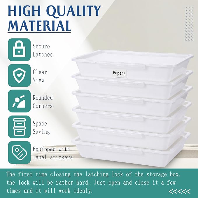 12 Pcs Classroom Paper Storage Bins with Clear Latching Lid, Label Stackable Letter Size Flat Tray Container for Teacher Back to School Supplies Home Office Desk Arts Crafts (White,13x10in) - Image 3
